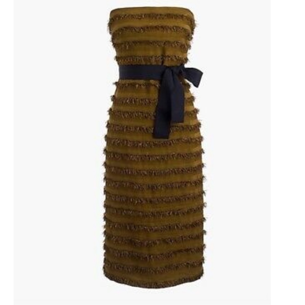 New J Crew Collection Strapless Striped Raffia Dress Safari Green size 6.